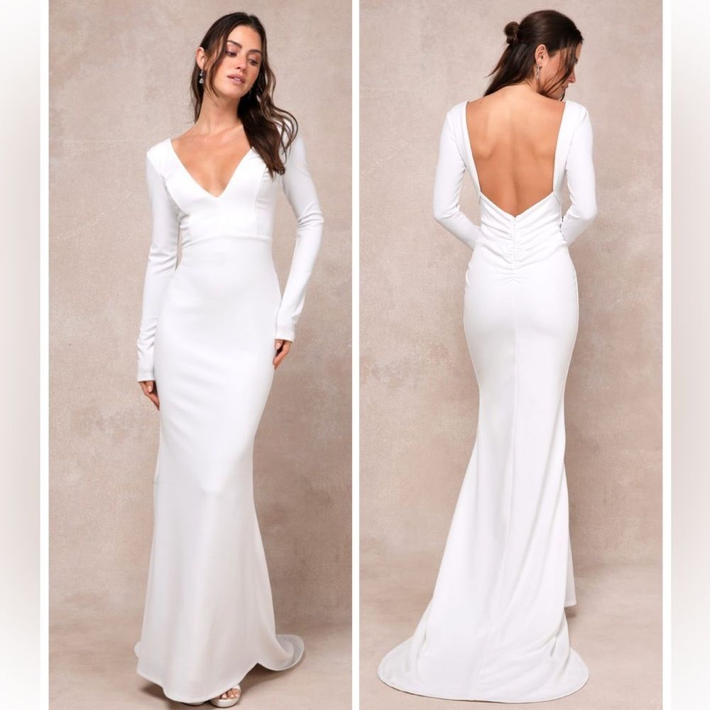Lulus Extravagant Love White Backless Long Sleeve Ruched Maxi Dress Size XL NWT